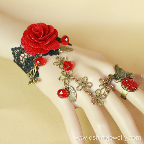 Retro Red Rose Lace Bracelet With Ring Vampire Sexy Jewelry